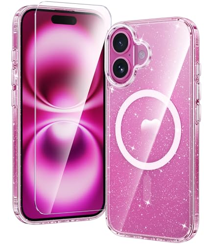 Image of FNTCASE for iPhone 16 Case Clear: Magnetic Phone Cases Compatible with Magsafe Slim Anti Yellowing Military Grade Drop Protection Rugged Protective Transparent Cell Cover (B-Glitter Magnetic)