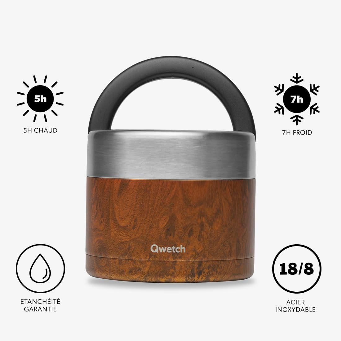 QWETCH Boîte Repas Isotherme Poignée Motifs (Wood, 850 ml)
