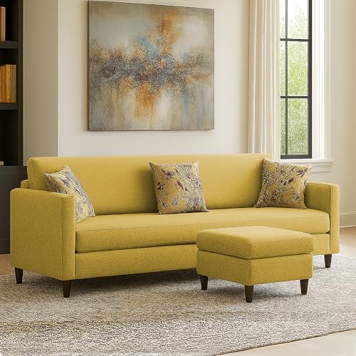 Image of Casaliving Premium Lifestyle Fabric 5 Seater L Shape Sofa Set 4 Seater Modern Sofa Set & Ottoman for Living Room (Yellow Color)
