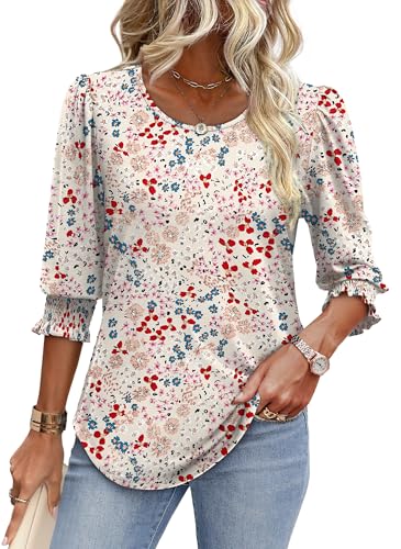 Image of XIEERDUO Blouses for Women Dressy Casual 3 /4 Length Sleeve Womens Tops with Smocked Cuffs