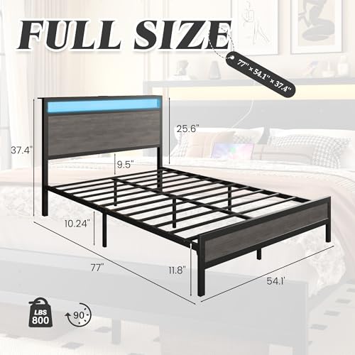 Image of Fluest Full Bed Frame with Headboard & Footboard, Full Bed Frame with Built-in Charging Station & LED Light, Storage Shelf, Noise-Free, No Box Spring Needed, Easy Assembly, Rustic Grey