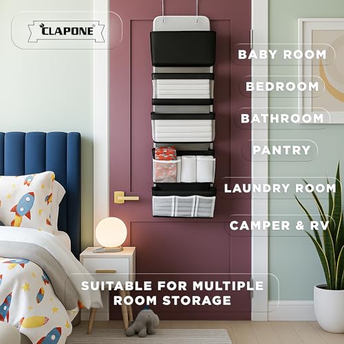 Image of CLAPONE Over the Door Organizer /Large Pockets - Anti-Tilt Hanging Storage for Bedroom /Closet Door Storage /Bathroom /Pantry /Nursery /Bedroom (Black, 5 Shelf Hanging Door)
