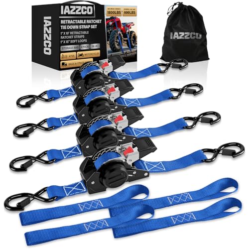 Image of 10FT Retractable Ratchet Straps(4-Pack) - 1 Inch (1800 LB Break Strength) Heavy Duty Self Retracting Ratchet Straps with Soft Loops & Storage Bag for Household, Motorcycle, Truck, ATV(Blue)