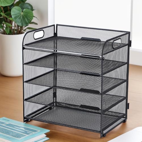 ECIC 5 Trays Paper Organizer Letter Tray with Handle-Mesh Desk File Organizer, Paper Sorter for Office, Home or School, Black image 7