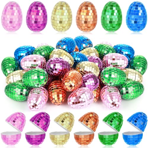 Hungdao 24 Pcs Mirrored Easter Eggs Bulk Fillable Shiny Plastic Easter Eggs Empty Reflective Disco Ball Decorations for Hunt Holiday Party Basket Fillers Prize(Multiple Colors)