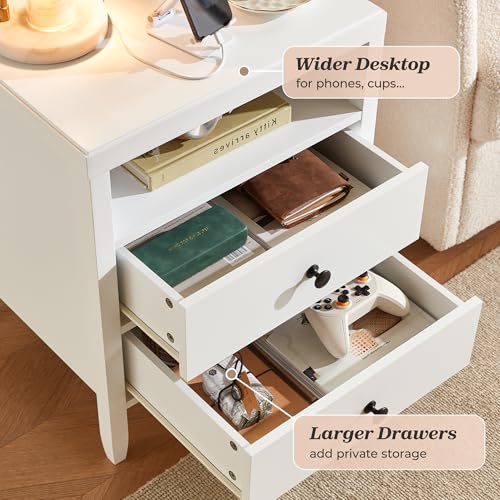 Image of Huuger Nightstand with Charging Station, White Nightstand with 2 Drawers