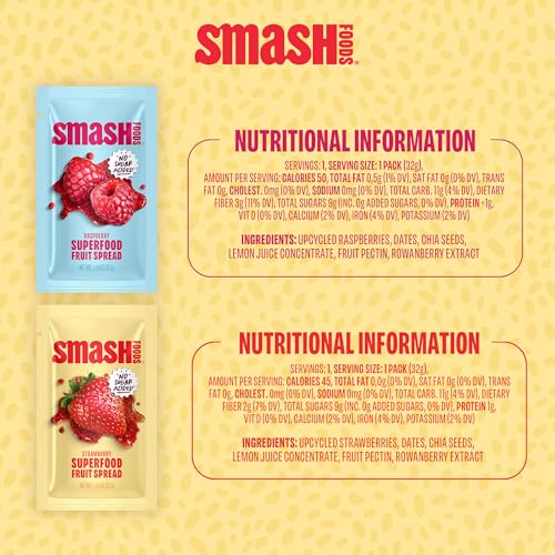 Image of Smash Foods Single Serve Jam Packets | Variety 12-Pack | Natural, Keto & No Sugar Added | Vegan & Upcycled Fruit Spread | Low-Calorie, Superfood Snack