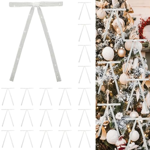 Image of 24 PCS Velvet Bows Christmas Ornaments Decorations, Sparkly Glittery Silver White Velvet Christmas Tree Bows Decor, Unique Vintage Elegant Xmas Home Holiday Decor for Tree Mantle Wreath Gift Wrapping