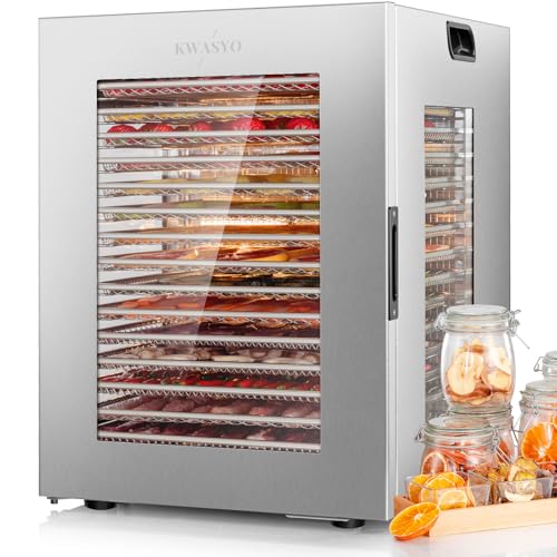 Kwasyo Deshidratador Alimentos 15 Bandejas Inox, 1200W Doble Ventilador, para Carne, Fruta, Snacks Perros, Hierbas, Temp. Ajustable 90°C, Temporizador 24H, Ventanas Múltiples, Secado Potente