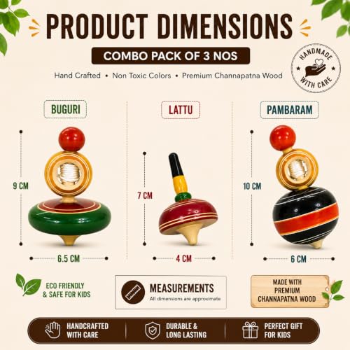 Image of Wooden Spinning Tops Combo Pack of 3 nos (Buguri, Lattu,Pambaram) Multi Color - Non Toxic Channapatna Hand Crafted Desi Toddler /Kids Indoor Toys, Return Gift, bongaram for Kids.