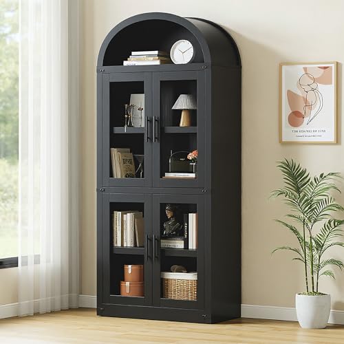 GarveeHome Arched Bookshelf with Doors Farmhouse Bookcase 15.83in Depth Display Storage Shelves 71.4in Tall Wooden Display Cabinet Rounded Bookcases for Living Room, Kitchen, Office (Black)