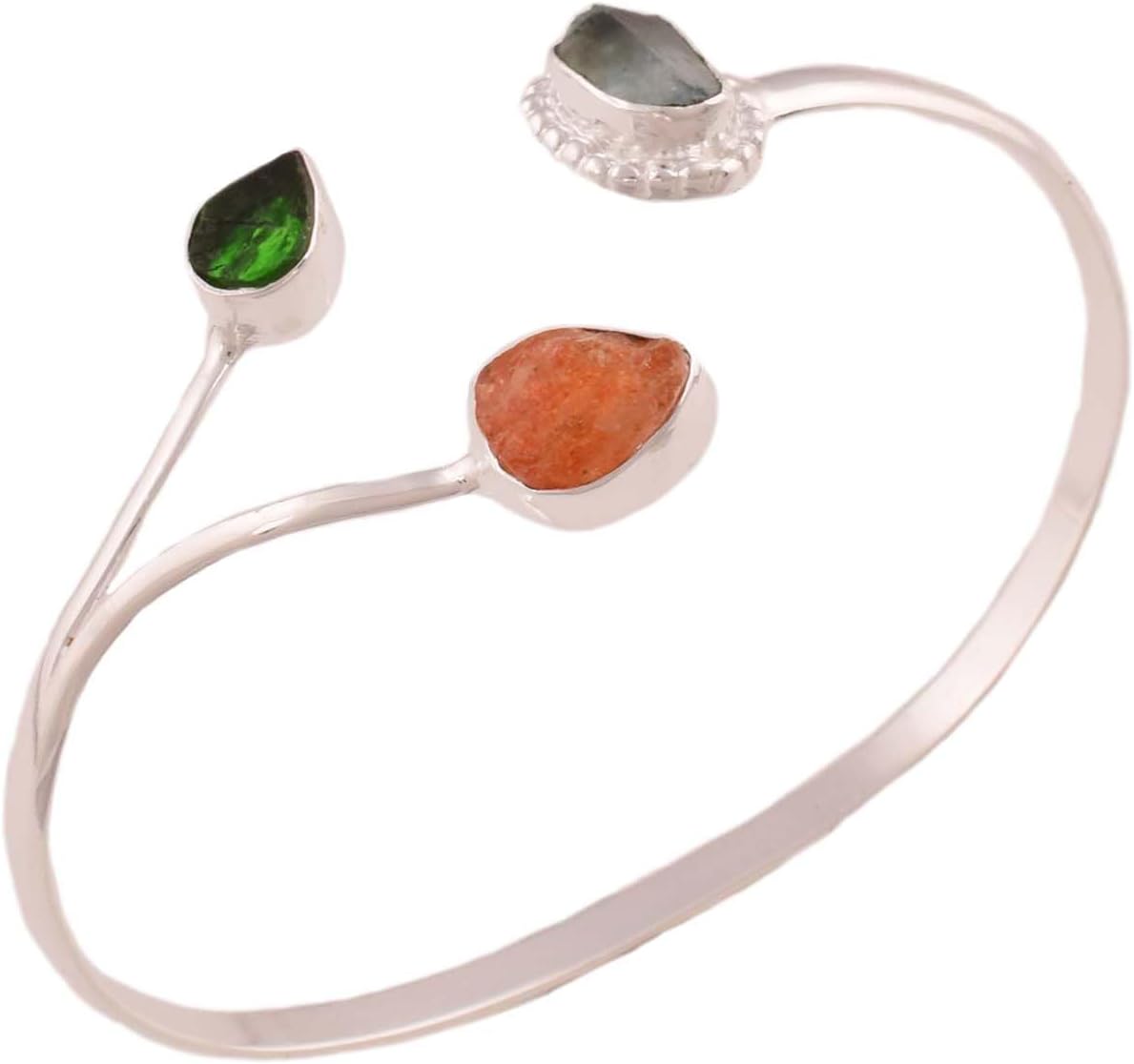 Natural Raw Sunstone, Chrome Diopside and Aquamarine Cuff Bracelet, Healing Crystal Cuff Bracelet, Bangle Bracelet, Rough Gemstone Bracelet, Birthstone Jewelry, Jewelry For Woman