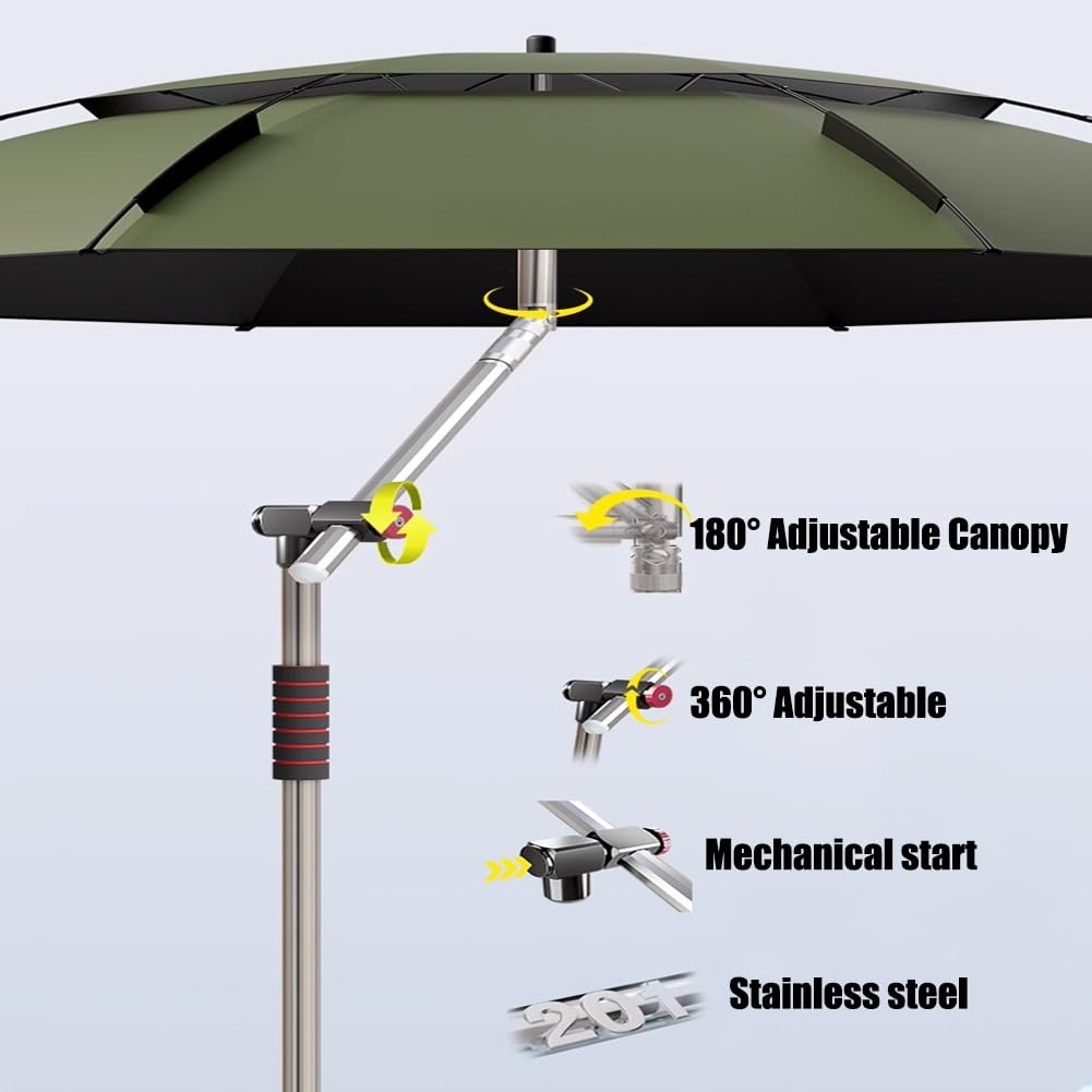 2 Daszkami Parasol Wędkarski z Wentylacją, 220 cm Przenośny Kempingowy Parasol Plażowy Pochylany Składany