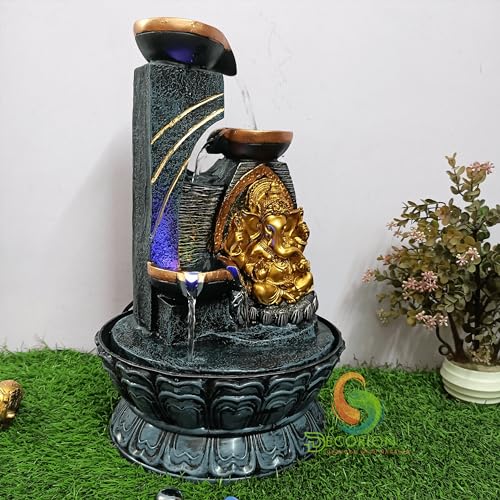 Image of Decorative Table Top Water Fountain for Home Decor /Office /Indoor & Outdoor /Garden /Puja Room /Vaastu with Multicolor LED Light and Adjustable Water Pump (3 Step Diya Ganesh)