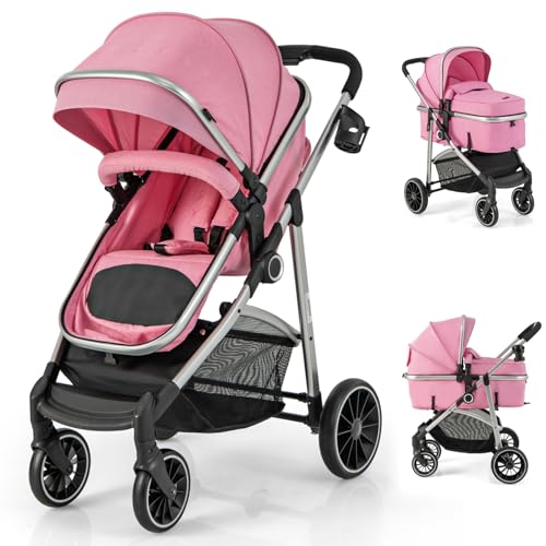 Image of HONEY JOY 2 in 1 Convertible Baby Stroller, Folding High Landscape Infant Stroller w/Reversible Seat, Removable Foot Cover, Adjustable Backrest & Canopy, Toddler Pushchair for Newborn (Pink)