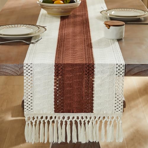 Image of ZeeMart Macrame Style Bicolor Stitching Table Runner, 14 x 72 Inch Terracota /Ivory, Boho Rust Table Runners 72 Inches Long, Farmhouse Woven Home Decor