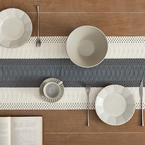 Image of ZeeMart Macrame Style Bicolor Stitching Table Runner, 14 x 60 Inch Charcoal /Ivory, Boho Dark Grey Table Runners 60 Inches Long, Farmhouse Woven Home Decor