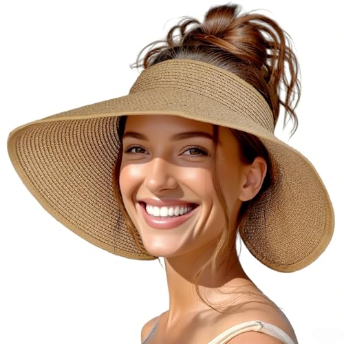 Sombrero de paja visera para mujer con ala ancha plegable