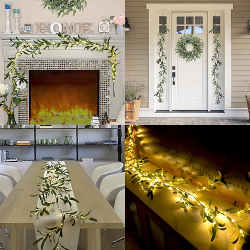 Image of 6.56FT Lighted Olive Garland with Lights 96 LED 8 Modes Battery Operated with Timer Artificial Greenery Vine Garland with Lights for Mantel Fireplace Table Wall Patio Wedding Holiday Spring Decoration