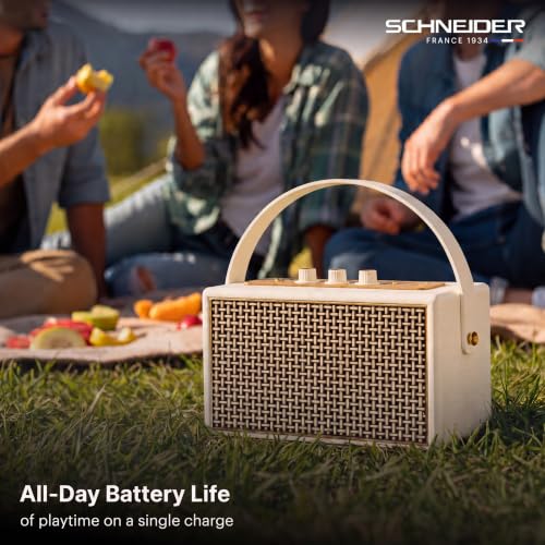 Image of Schneider ENERZA HP60 Wireless Portable Home Audio Speaker | 60W Triple-Driver 360 Sound | Wooden Acoustic Enclosure with Bluetooth 5.4 | Splashproof | Vintage Classic Design - Ivory