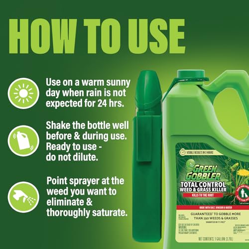 Green Gobbler Natural Total Control Weed & Grass Killer | Made with Concentrated Salt & Vinegar | Pet Safe | Kills to The Root | 1 Gallon with Battery Powered Spray Wand