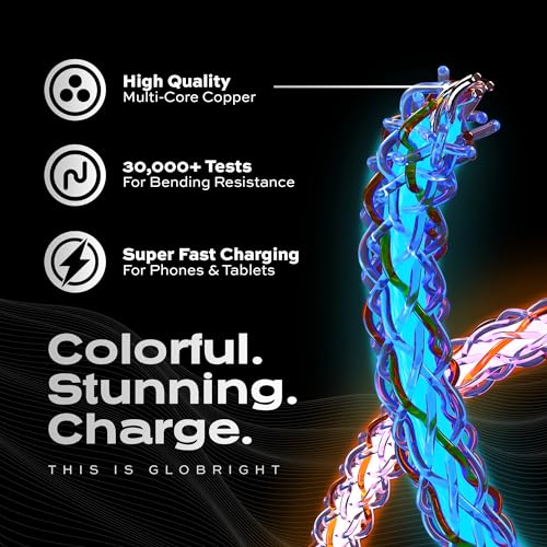 Statik Light Up Charger Cable - GloBright Braided LED Charging Cable, Glowing Super Fast Charging 100W Light Up Cable, Data Transfer, Lighted Phone Charger Cord - 6FT/2M, Type USB C to USB C