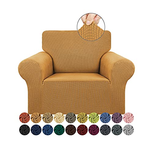 KEKUOU Stretch Single Sofa Slipcover 1 Piece Couch Sofa Cover (31"-55") Furniture Protector 1 Seater Sofa with Elastic Bottom for Kids,Pet.Jacquard Small Checked Pattern Fabric(Small,Golden)
