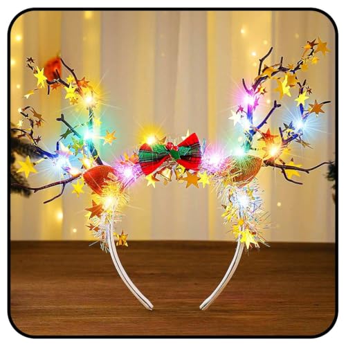 Zoestar Diadema LED de Navidad Con Cuernos de Reno, Estrellas Brillantes, Aro, Campana - Accesorios Para el Cabello de Mujer, Disfraz Navideño