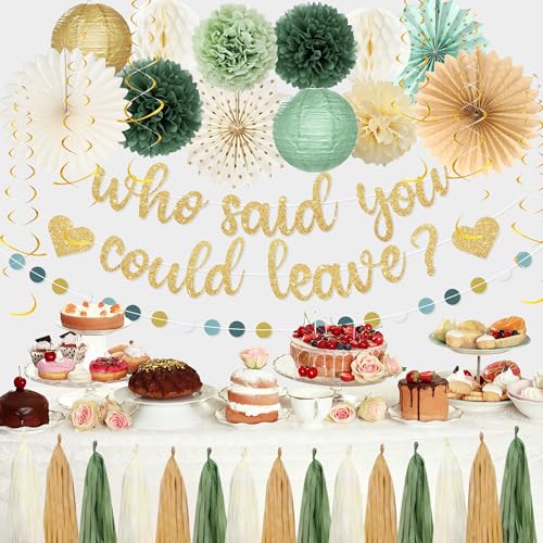 Image of Roetyce Farewell Party Decorations Women Men, Gold Glitter Who Said You Could Leave Banner, Green Going Away Leaving Goodbye Party Supplies for Coworker Friends, Retirement Photo Background Decor