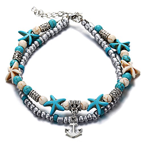 Image of Softones Blue Starfish Turtle Anklet Multilayer Charm Beads Sea Handmade Boho Anklet Foot Jewelry for Women