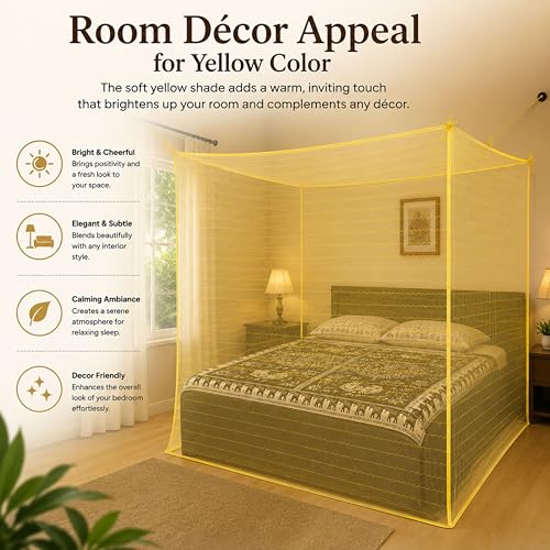 Image of Mosquito Net for King Size Bed & Double Bed (6x7 ft, Wall /Hook Hanging) Poly-Cotton Blend Fabric with Zigzag Wave Line Pattern, Pre-Fitted Bottom & Cotton Ribbon (Honey Yellow)