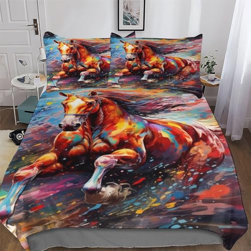LCWWW Juego de ropa de cama con diseño de caballo 3D, funda de edredón de 3 piezas con fundas de almohada para adultos, adolescentes y niños, funda de edredón suave tamaño King (220 x 240 cm)