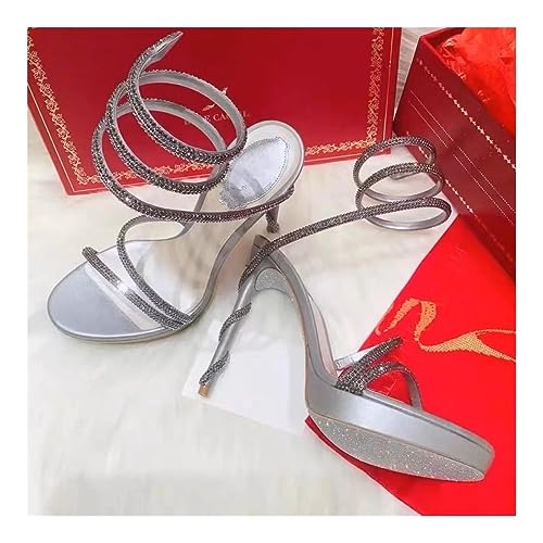 Snakehead Style Rhinestone High Heel Sandals with Round Toe Platform and Exposed Toe Straps, Summer Sizes 5-9(Silver,6)4