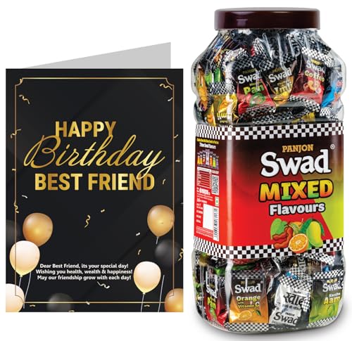 Image of Swad Happy Birthday Best Friend Gift with Card (Swad Mixed Flavours Candy 200 Jar & 1 Greeting card) 2 units