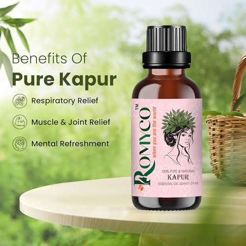 Image of Romyco Kapur Essential Oil (Camphor) for Respiratory Relief, Cough & Cold, Muscle Relaxation, Pain Relief | Natural Air Freshener | Aromatherapy Diffuser | Pure Natural Premium & Undiluted - 30ml