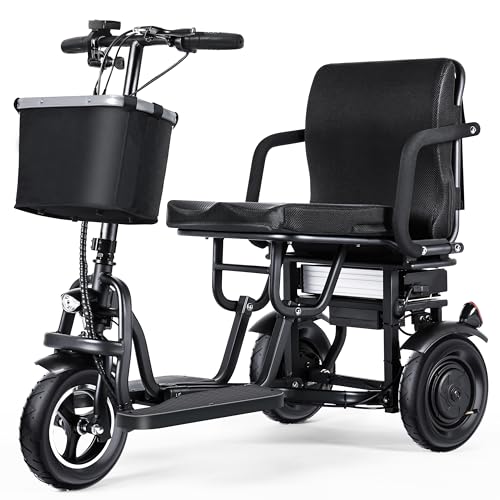 TopMate ES11 Patinete de Movilidad 3 Ruedas Ligero Plegable Doble Motor,Asiento Ergonómico, Batería Extraíble, 3+1 Velocidades, E-Triciclo con Cesta - Negro