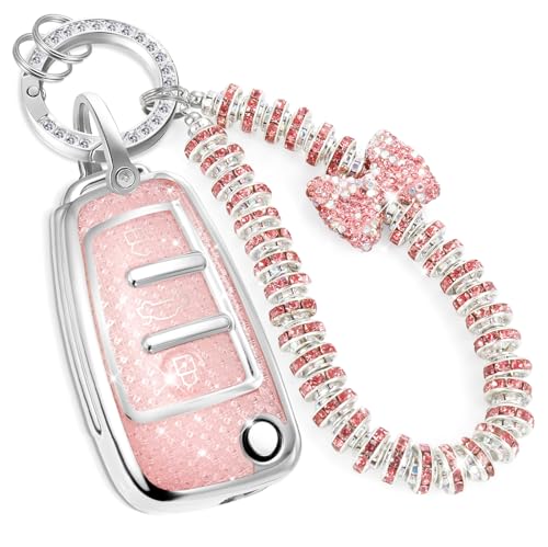 Image of Key Fob Cover for Audi A3, Rhinestone Wristlet Keychain Case, Pink