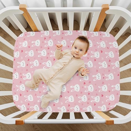 Image of Crib Sheet Breathable Soft Crib Mattress Sheet for Baby Toddler Boys Girls Fitted Crib Sheet Fit Standard Crib Mattress 52 x 28 Inch Pink Bunny Hearts