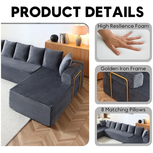 Image of Oversized Cloud Boneless Couch with Chaise, 145 inch Modern U Shape Modular Deep Seat Sectional Sofa, Comfy Corduroy Upholstered Couches for Living Room, No Assembly Required, Grey