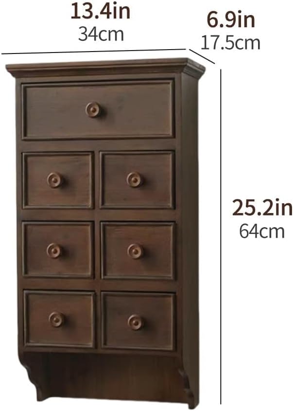 Rustic Mini Wall Cabinet 7 Small Drawers Wooden Curio Cabinet Wall Mounted Countertop Storage Display Cabinet for Room Space Saver