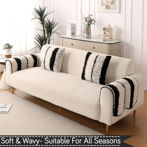 Image of HOKIPO Luxury Wavy Plush Anti-Slip Sofa Armrest Covers | 1 Pair - Black (AR-5979-BLK*2)