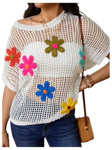 Image of BEAUDRM Women's Floral Crochet Tops Hollow Out Dolman Sleeve Applique Sweater Boho Summer Spring Top