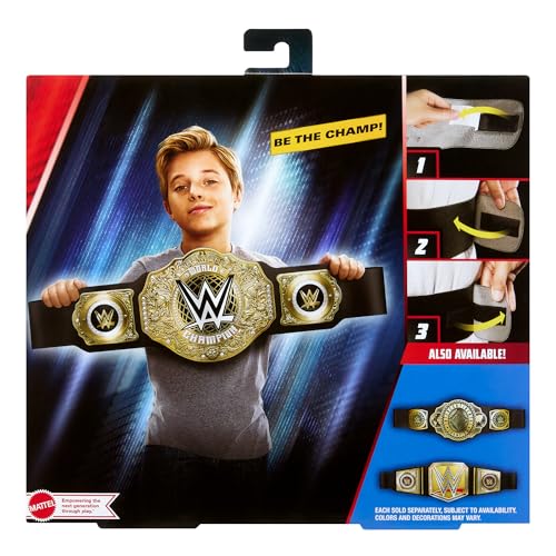 Mattel WWE Ceinture de Champion du Monde Poids Lourds WWE, jouet d’imitation et de déguisement de champion du monde poids lourds, ceinture similicuir de plus de 90 cm avec ajustement unique, HYF18