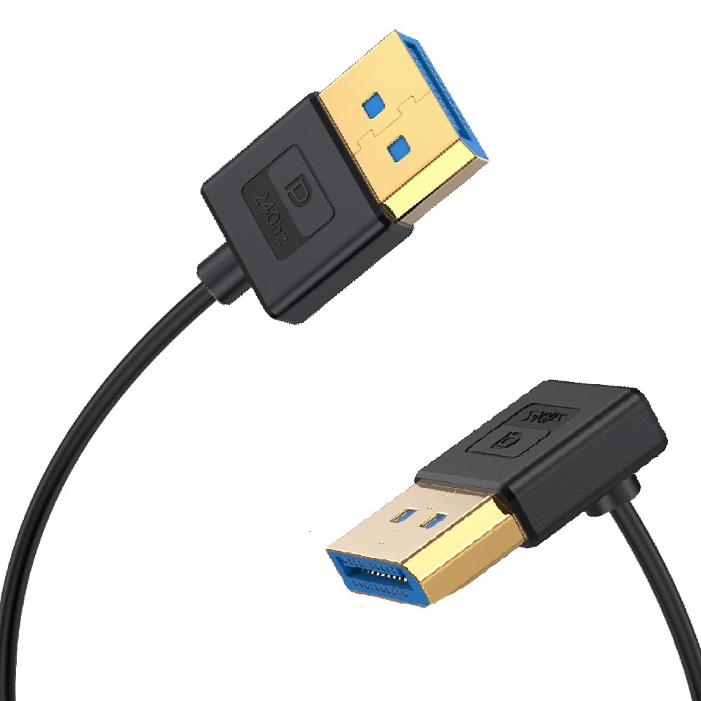 1ft DisplayPort UHD Silicone Cable, OD 3.8mm Ultra Thin HDMI DisplayPort 1.4V Cord, Up Angle Male to Straight Male DP 32.4Gbps Ultra High Speed Cable, 8K@60Hz