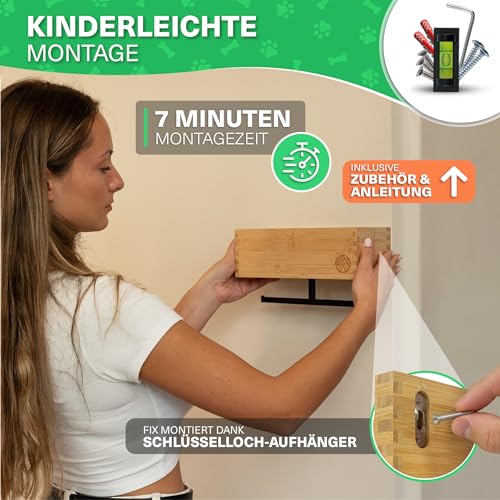 VELONT Hundegarderobe mit Ablage Personalisiert - Größe XL - Perfekter Leinenparkplatz - Bambus - Dogstation für Leinen & Zubehör - Inkl. Kotbeutelspender und Montagekit (01 L)