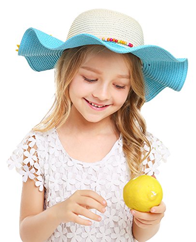 Bienvenu Kids Multi-Colors Large Brim Flower Beach Sun Hats,Blue - Thumbnail 3