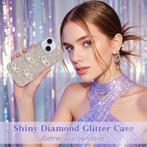 Image of DIZORO Compatible for iPhone 13 / iPhone 14 Cover 6.1, Luxury Diamond Cute with Bow Glitter Bling Case with Full Camera Protection PC+TPU Glossy Shiny Back Cover Case for Girls Women (Desert)