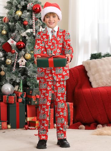 Image of Boys Christmas Printed Ugly with Jacket, Pants & Tie 3 Piece Holiday Party Warm Suit Red Ho Ho Ho 12 Years