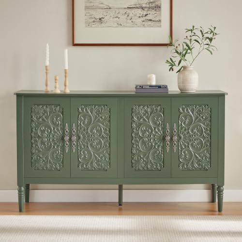 Komoda w stylu vintage z rzeźbieniem reliefowym, zielona, 160 cm – drzwi 3D, zaokrąglone narożniki, mosiężne uchwyty, szafka do przechowywania do salonu, jadalni, przedpokoju