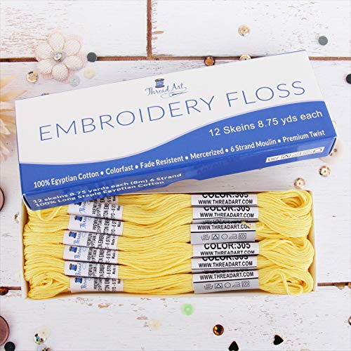 Image of 12 Skeins ThreadArt Cotton Embroidery Floss, Light Yellow | Long fiber cotton embroidery floss for cross stitch, hand embroidery and bracelets. Six-strand floss separates easily.